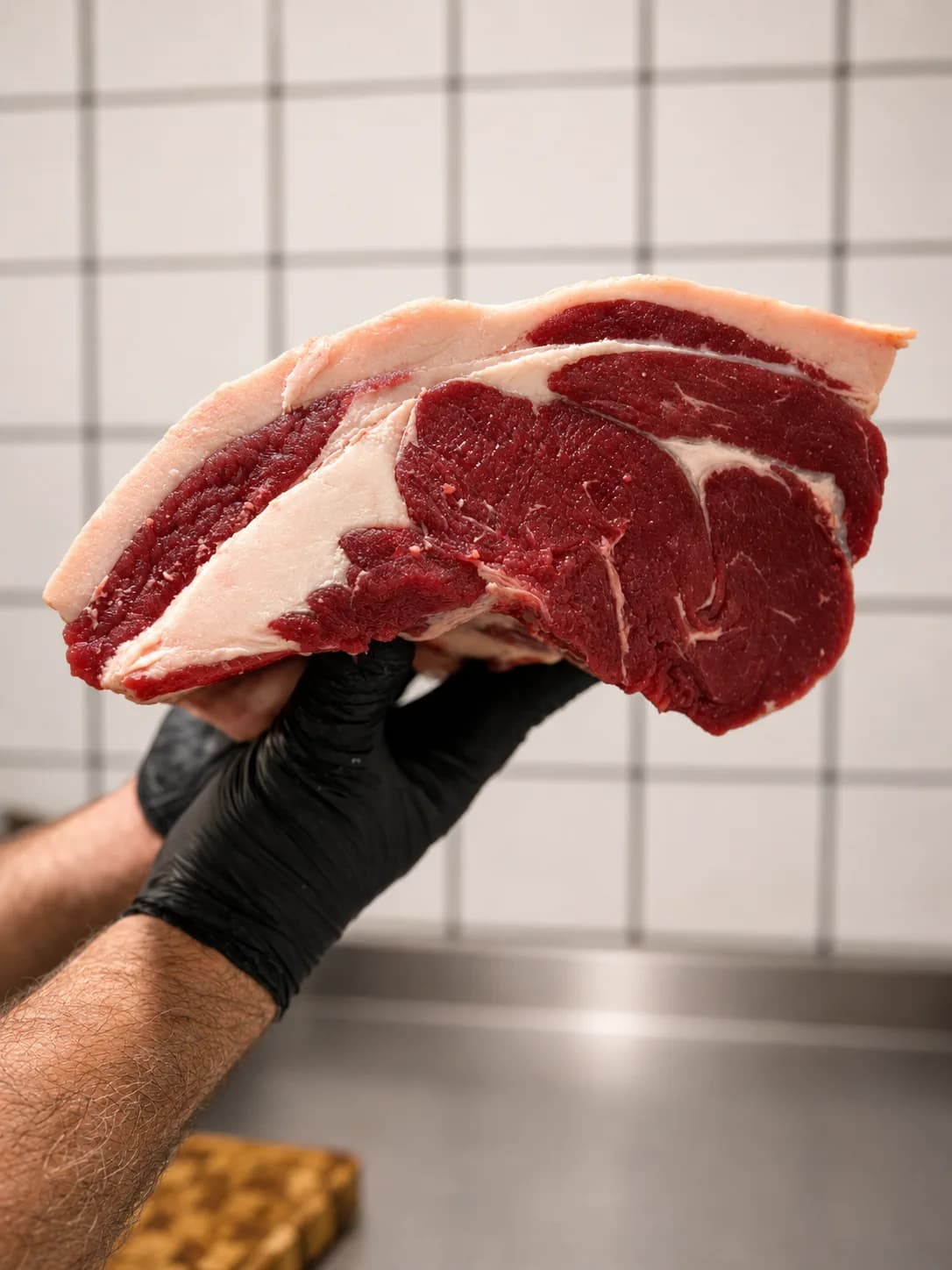 Peça de contrafilé fresco apresentada com luva