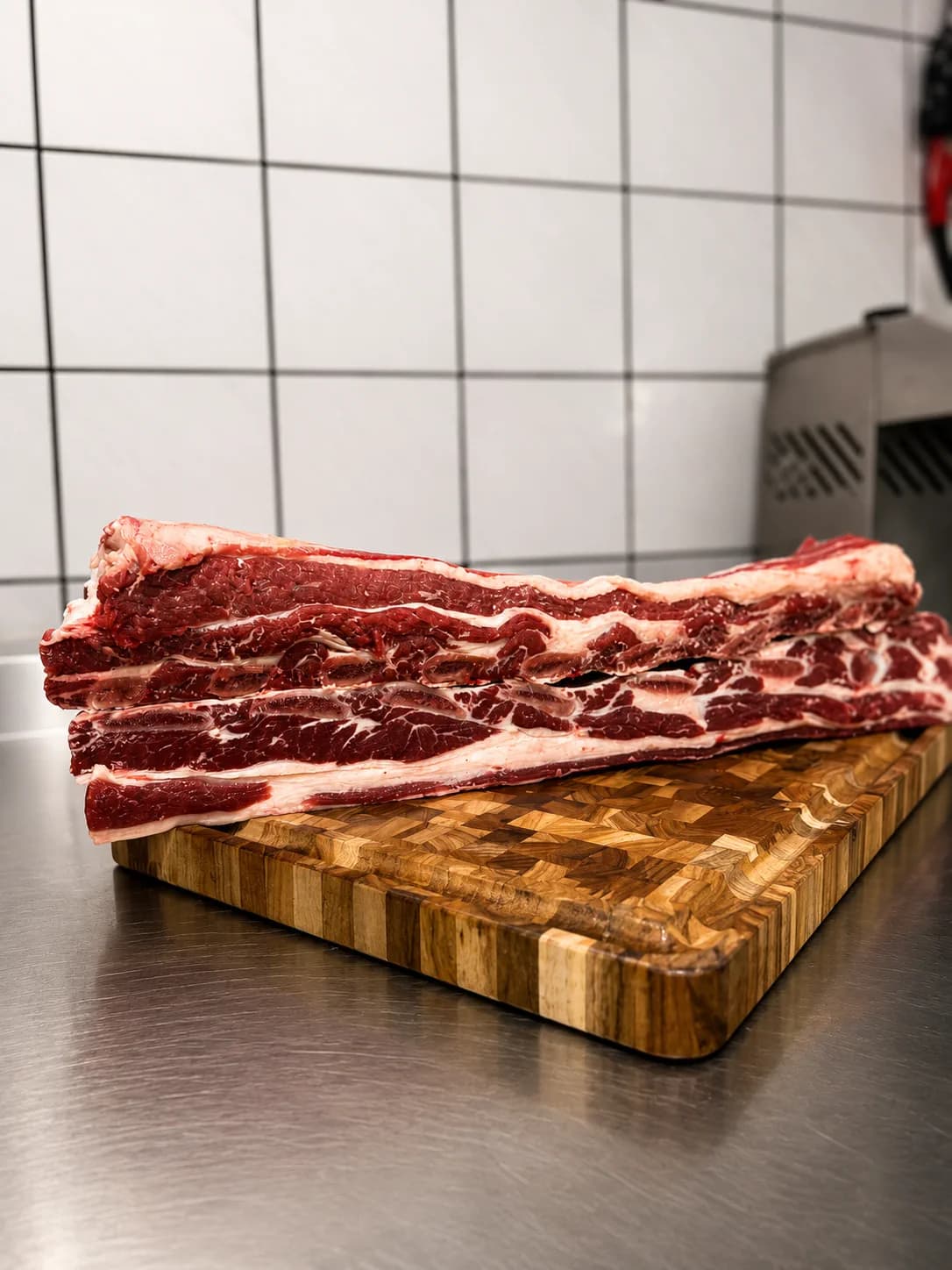 Peça de costela bovina fresca sobre tábua