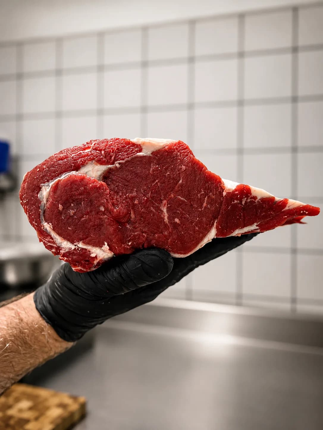 Peça de entrecot fresco apresentada com luva