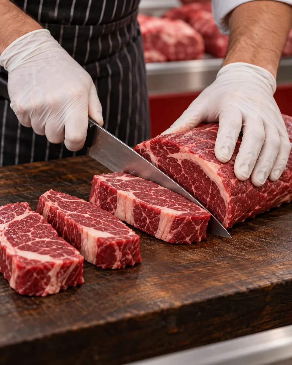 Imagem ilustrativa de carne fresca sendo cortada e porcionada
