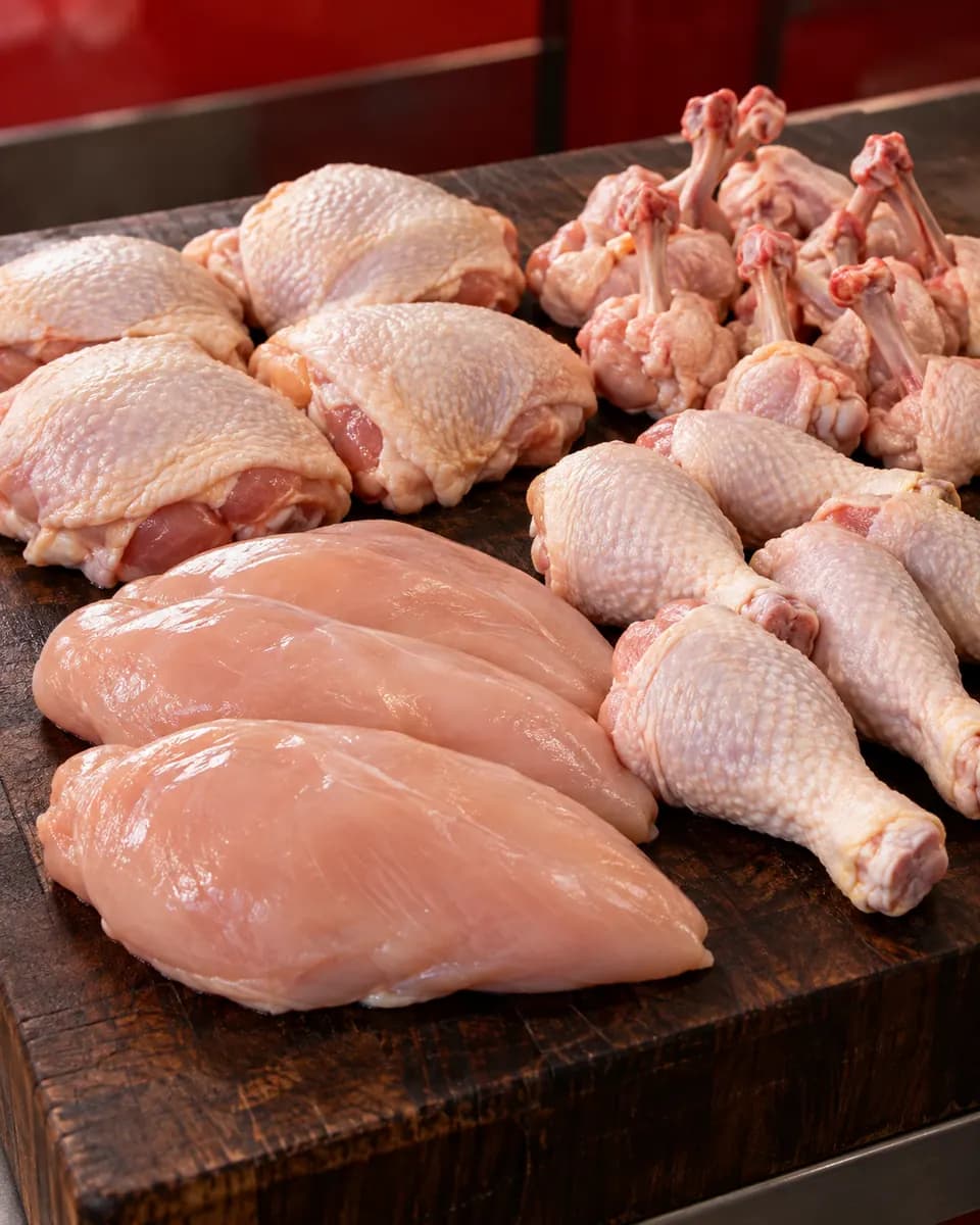 Imagem ilustrativa com peito, coxa, sobrecoxa e cortes de frango frescos