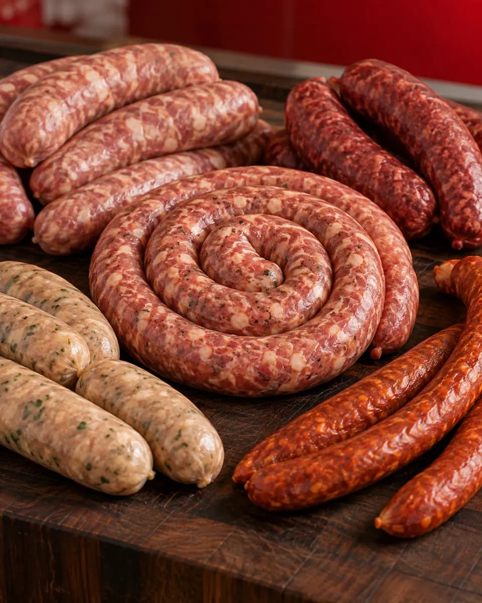 Imagem ilustrativa com variedade de linguiças frescas para churrasco