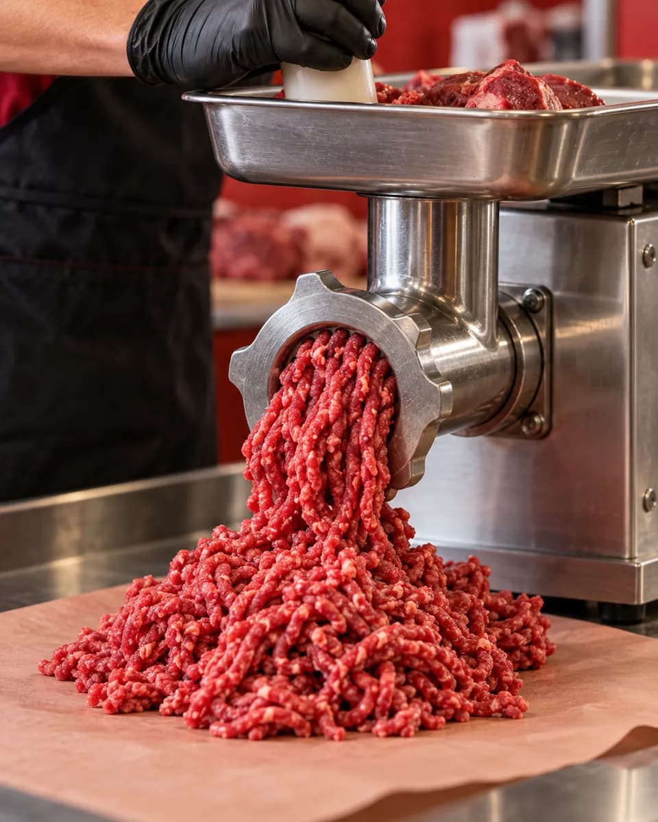Imagem ilustrativa de carne bovina fresca sendo moída na hora