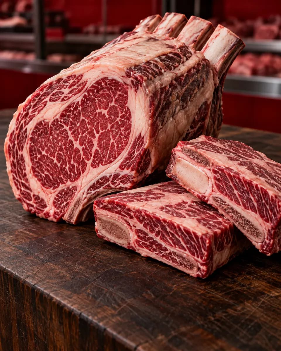 Imagem ilustrativa de prime rib e short rib frescos sobre tábua